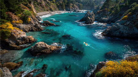This image showcases a scenic coastal inlet with vibrant turquoise water. Rocky shores and cliffs frame the water's edge, creating a contrasting texture of stone and water. The composition, lit by overhead sunlight, captures a picturesque view of the environment. The image is suitable for various commercial uses related to travel, nature, and scenic beauty.の素材