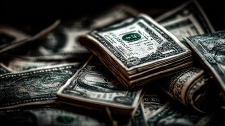 This image showcases a collection of United States dollar bills, stacked and scattered. The composition features sharp focus on the currency, highlighting details such as intricate patterns and the green color scheme, while the background is intentionally blurred. Suitable for illustrating themes of finance, earnings, and monetary transactions, it suggests potential for editorial and commercial use.の素材