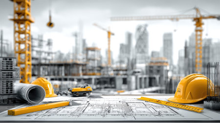 A construction site features blueprints, safety equipment, and machinery, set against a blurred city skyline. Yellow and white dominate the scene with detailed structural elements. The image uses soft lighting and a shallow depth of field, hinting at the potential for use in architectural projects and urban development content.の素材