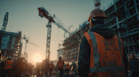 A construction worker in safety gear stands on a busy building site, observing the ongoing work. The scene is dominated by a crane and unfinished structures, bathed in warm sunlight. The image showcases the industry and construction process, ideal for illustrative purposes in various editorial and commercial projects.の素材
