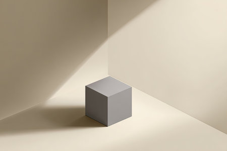 A single gray cube rests in a corner, bathed in soft light against a beige backdrop. The scene presents a minimalist composition, featuring sharp angles and subtle shadows, which create depth. The neutral color palette and clean lines offer versatility for various commercial applications, including product showcases and abstract visualizations.の素材
