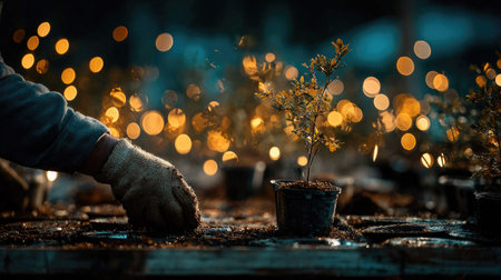 A gardener carefully tends a small plant in a pot, possibly indoors. The image features a close-up perspective with a shallow depth of field, highlighting the plant and gloved hand. Soft lighting and a blurred background of lights create a dreamy atmosphere. Suitable for illustrating gardening, environmental care, or sustainability.の素材