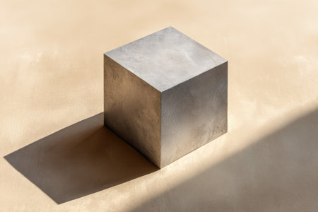 A silver cube rests on a beige surface, illuminated by strong overhead lighting creating a long, defined shadow. The composition highlights geometric form and texture, emphasizing contrasts. This image might suit abstract design projects, or concepts related to structure and form in various commercial contexts.の素材