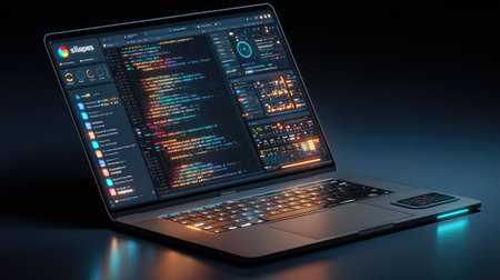 A close-up view presents a laptop screen showcasing a complex coding interface. The composition features various colors, with a gradient-style glow. This image could be used for illustrating concepts related to software development, technology, or digital innovation in commercial contexts.の素材