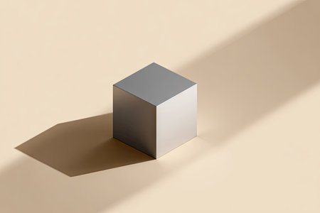 A silver cube sits against a plain beige surface casting a long, sharp shadow. The image showcases simple geometric shapes, highlighting texture and form with overhead lighting. The composition suggests a studio setting and could be used for illustrating concepts like technology or design.の素材