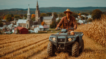 A man rides an all-terrain vehicle through a field, the vehicle in focus. The scene presents warm tones, suggesting a late afternoon. A townscape with multiple buildings is visible in the distance. The image is suitable for various commercial uses, including advertising and editorial projects.の素材