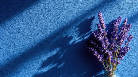 A close-up shot presents lavender blossoms in a small vase set against a blue textured wall. The scene is bathed in sunlight creating distinct shadows. The composition highlights the floral details and wall texture, suitable for various applications, including editorial and commercial projects.の素材