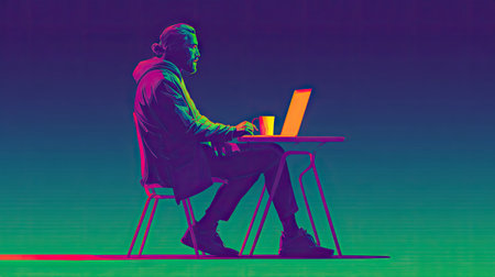 An illustration depicts a man focused on a laptop, seated at a desk. The artwork uses bold, contrasting colors creating a striking visual. The lighting emphasizes the silhouette against a gradient backdrop. This image could be suitable for digital design, technology, or business-related content.の素材