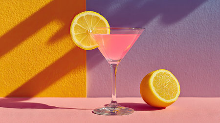 A vibrant image presents a pink cocktail in a stemmed glass, garnished with lemon slices. The composition utilizes a colorful backdrop of orange, purple, and pink. The lighting creates striking shadows. The image could be suitable for food and beverage advertising or editorial content.の素材