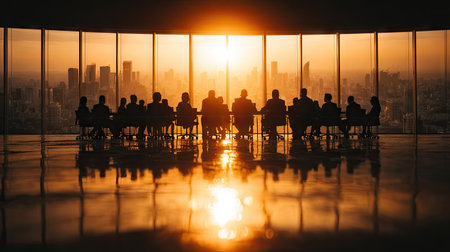 A group of people are silhouetted inside an office, gathered around a table. Warm, orange light from the setting sun illuminates the expansive windows and reflects on the polished floor. The image has a high-contrast style and suggests a modern, professional setting, suitable for various commercial or business applications.の素材