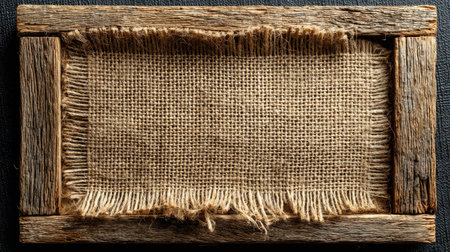 This image showcases a rectangular burlap fabric framed by weathered wooden planks. The composition features a central burlap texture with frayed edges set within a dark wooden border. The piece utilizes natural tones and textures. It is suitable for diverse creative applications, including design backgrounds and decorative visuals.の素材