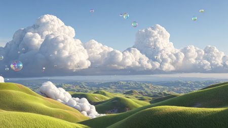 A vibrant landscape showcases rolling green hills beneath a vast, cloud-filled sky. The composition features soft textures and natural lighting. The image evokes a sense of tranquility and could be used for backgrounds or illustrations. The scene suggests an outdoor environment.の素材