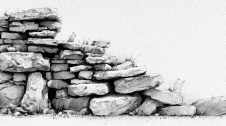An image showcases a grayscale depiction of a stone wall construction. The composition features a stack of irregularly shaped stones, with varying textures and shades. The scene is illuminated, suggesting an outdoor setting with natural light, against a clean white backdrop. Suitable for various applications, including illustrative and editorial content.の素材