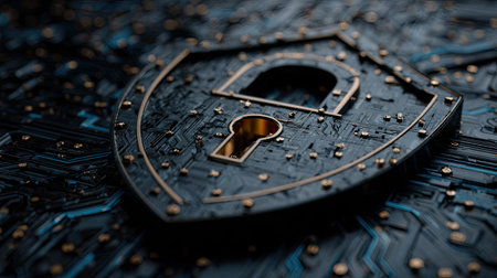 A close-up view presents a shield-shaped object featuring a keyhole. The object showcases a dark color with a textured surface, accented by golden details. The composition rests upon a circuit board, suggesting a digital or technological setting. This image may be suitable for illustrating concepts of data safety and cybersecurity in various applications.の素材