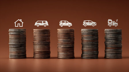 The image features stacks of coins aligned with small illustrations of a house, cars, and a truck. The composition uses brown tones with overhead lighting, creating a simple, yet impactful visual. This arrangement could be suitable for finance, investment, or planning-related projects, offering various editorial and commercial applications.の素材