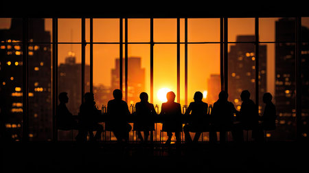 A group of professionals are silhouetted against a vibrant sunset during a meeting. The image showcases a cityscape through large windows, with warm hues dominating the scene. The composition highlights teamwork and strategic planning. Suitable for commercial or editorial applications focusing on business or finance themes.の素材