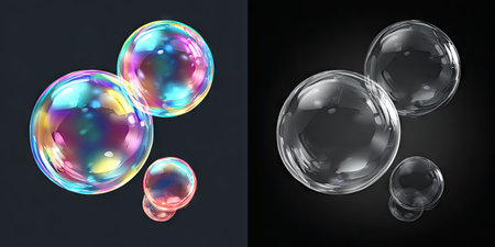 This image presents several soap bubbles suspended against a dark background, some showing vibrant colors from light refraction, while others appear transparent. The composition includes varying bubble sizes. This visual could be used for scientific illustrations, abstract art, or design elements, adaptable for various commercial applications.の素材