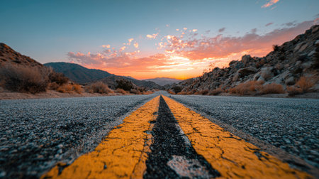 An asphalt road stretches into the distance, framed by mountain ranges. The sky displays hues of orange and pink, illuminated by the setting sun. The composition features a low-angle perspective. Suitable for travel, transportation, or background illustrations, the image is well-suited for diverse commercial purposes.の素材