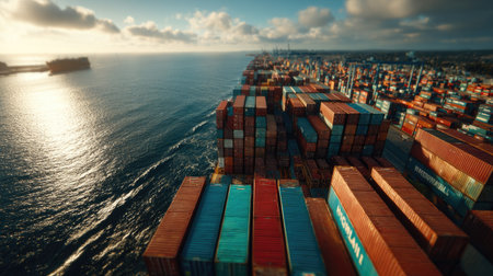 A cargo ship, laden with shipping containers, travels on open water. The composition highlights the containers' vibrant colors. The lighting suggests daytime, with a wide-angle view providing context. The image is suitable for illustrating themes of international commerce and distribution.の素材