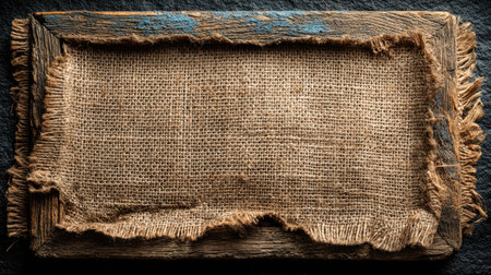 A close-up view displays a rectangular wooden frame enveloping a burlap cloth. The frame is aged with visible wood grain and distressed blue paint. The burlap features a coarse weave, and frayed edges. The composition suggests a decorative or presentation element, suitable for various design or commercial projects.の素材