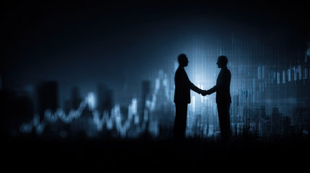 Two individuals are depicted in silhouette, engaging in a handshake, set against a backdrop of a fluctuating stock market graph. The image exhibits a cool color palette with shades of blue and black, creating a dramatic contrast. The composition suggests business deals or financial agreements suitable for various commercial or editorial applications.の素材