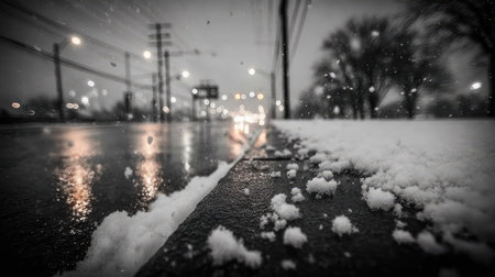 A grayscale photograph captures a road scene during snowfall, featuring a wet, reflective surface and accumulating snow. The composition includes a curb and street edge in the foreground, leading towards blurred lights in the background. The image likely depicts a cold, winter environment, possibly suitable for illustrating seasonal themes.の素材