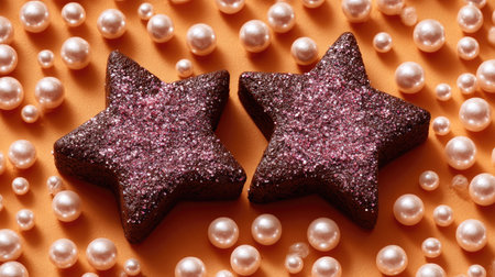 Two star-shaped cookies covered in glittering sugar rest among numerous pearl-like decorations. The composition features a warm orange backdrop providing contrast. The style suggests a festive or celebratory theme, suitable for various promotional or decorative applications. The overhead perspective gives a detailed view of the objects.の素材