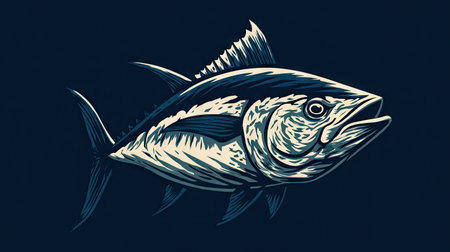 A detailed illustration depicts a tuna fish in profile, rendered in shades of white and blue against a dark blue background. The artwork features a stylized, illustrative style with visible lines and textures. The composition appears suitable for various commercial uses, including advertising and educational materials.の素材