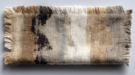 This image presents a rectangular fabric sample with visible texture and fringed edges. The fabric displays a series of color gradients with stains and imperfections, suggesting an aged or distressed appearance. The composition is simple, with neutral tones creating a visual focus suitable for various commercial applications, including design or texture concepts.の素材