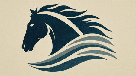 A dark blue horse head silhouette is depicted with flowing mane against a lighter backdrop. The design incorporates wave-like elements, creating a sense of movement and energy. The composition uses flat design principles and bold lines, lending itself to various uses within branding or creative projects. Its simplicity ensures versatility.の素材