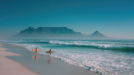 Two surfers are seen walking along the shoreline carrying their boards. The scene features clear blue water and a sandy beach. A large mountain is visible in the background under a blue sky. This image is suitable for a variety of uses including travel, vacation, and lifestyle concepts.の素材