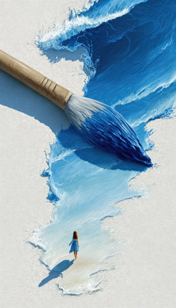 An artistic composition features a paintbrush creating ocean waves against a white backdrop. A small person walks towards the waves. The image uses shades of blue and white, with a focus on texture and form. This creative work is suitable for various design projects and could be used for illustrations.の素材