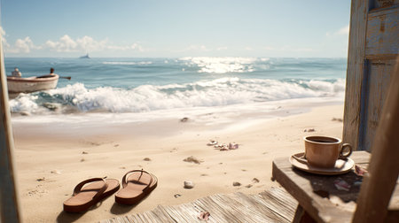 A scenic beach view shows a cup of coffee and sandals set on a wooden surface. Gentle waves roll onto the sandy shore under a bright sky. The warm sunlight illuminates the scene, hinting at a relaxing day. This image is suitable for various commercial uses.の素材