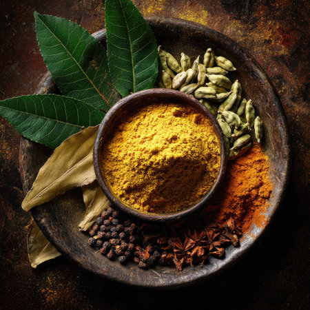 An overhead view displays a collection of spices and herbs artfully arranged on a dark wooden plate. Vibrant yellow, green, and brown hues create a visually rich composition. The arrangement hints at culinary practices, potentially suitable for use in food-related publications, cooking blogs, or commercial applications.の素材