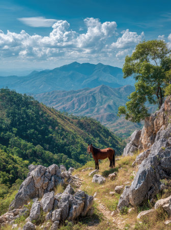 A brown horse stands on a rocky hillside overlooking a mountain range. The image features a bright blue sky with fluffy white clouds, contrasted by the green foliage and the brown and gray rocks of the hillside. The scene is lit by natural sunlight. This image could be used for various commercial and editorial projects.の素材
