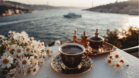 A close-up captures a cup of coffee and flowers arranged on a table. The composition includes decorative items and the soft light suggests an outdoor setting, potentially a balcony or terrace. The image can be used for promotional material, design projects, and stock photography needs.の素材