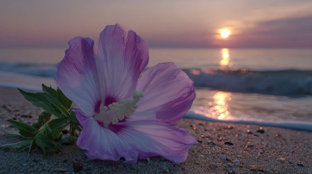 A close-up captures a blooming pink flower resting on a sandy beach. The image features soft textures and a color palette dominated by pinks, purples, and the warm glow of the setting sun. The composition includes the ocean, creating a serene, natural environment suitable for various commercial or editorial applications.の素材