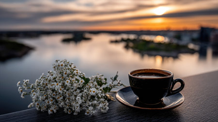 A close-up captures a dark coffee cup and saucer beside a small bouquet of white flowers. The scene is set outdoors with a body of water and a vibrant sunset in the background. The image exhibits soft focus and depth of field, suitable for editorial and commercial applications.の素材