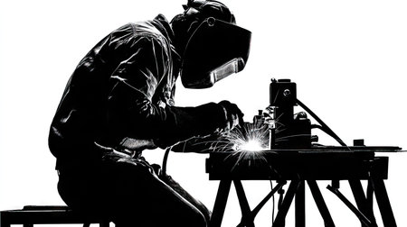 A welder is seen working on metal using industrial machinery. The image features a monochromatic color scheme highlighting the silhouette. The composition suggests an industrial setting. The image may be used for commercial projects related to manufacturing and construction.の素材