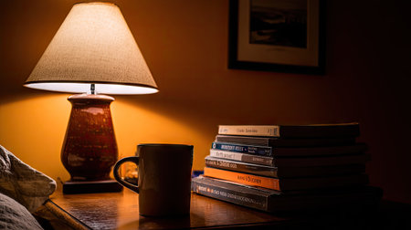 A warm interior scene presents a bedside table with a lit lamp, stacked books, and a mug. The composition features soft lighting that casts shadows, creating a tranquil ambiance. The image showcases textures, colors, and an overall mood suggesting comfort. Suitable for various uses, this image is ideal for lifestyle or editorial purposes.の素材