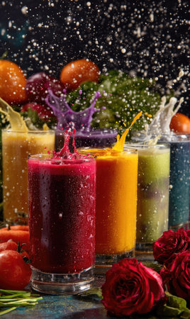 An artistic composition showcases various juice glasses with vibrant colors, created by fresh fruits and vegetables. The images portray juice splashing and flowing in a dark environment with backlighting. This image is suitable for health, wellness, and culinary themes, also applicable for advertising campaigns.の素材