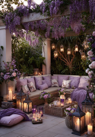 An inviting outdoor lounge showcases a luxurious seating arrangement. Abundant purple wisteria cascades overhead, complemented by soft lighting from lanterns. The scene features various textures, including pillows and wooden furniture, creating a serene and comfortable atmosphere, suitable for various editorial and commercial applications.の素材