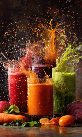 This image features a vibrant display of juice splashing from glasses, surrounded by various fruits and vegetables. The composition showcases dynamic movement with vivid colors, and a dark background. This image could be used for promoting healthy eating, recipes, or as visual content for editorial and commercial projects.の素材