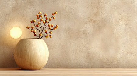 A wooden vase holds branches with small, orange-colored berries, set against a textured, light-brown wall. The composition is simple and elegant, with soft lighting illuminating the scene. This image could be used for various commercial or editorial purposes, conveying themes of nature and decoration.の素材