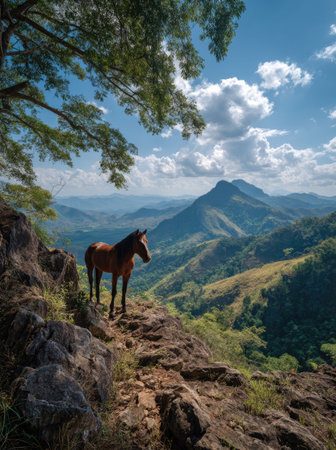 A brown horse stands on a rocky cliff, looking out over a vast mountain landscape. The scene is illuminated by bright sunlight, casting shadows and enhancing the textures of the rocks and vegetation. The image portrays a tranquil outdoor environment and may be suitable for editorial or commercial applications.の素材