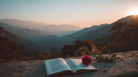 An open book and a red rose rest on a stone surface overlooking a mountain vista during sunrise. The composition highlights soft colors, with warm light bathing the scene. This image could be suitable for editorial content, websites, or various commercial uses promoting tranquility.の素材