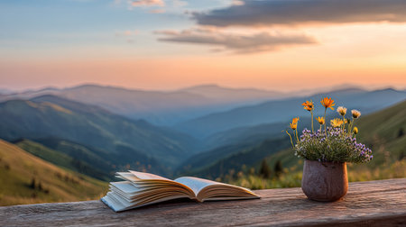 An open book rests on a wooden surface beside a vase of flowers, framed against a backdrop of rolling hills and a dusky sky. The composition features soft lighting and muted colors, suggesting a tranquil outdoor setting. Suitable for illustrating leisure, contemplation, or serene themes, the image holds commercial potential.の素材