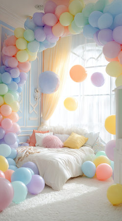 A bedroom is adorned with an arrangement of pastel-colored balloons, creating a celebratory atmosphere. The scene features a bed with soft bedding, illuminated by gentle light. The composition highlights various colors and textures. Suitable for illustrating events, celebrations, or general lifestyle themes.の素材