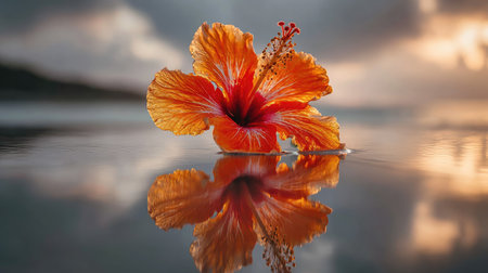 An isolated orange hibiscus flower rests on a reflective water surface, mirroring the cloudy sky above. The composition emphasizes the flower's intricate details and vivid color. Soft lighting enhances the delicate textures. Suitable for illustrating nature, beauty, or decorative themes. Ideal for various commercial uses.の素材