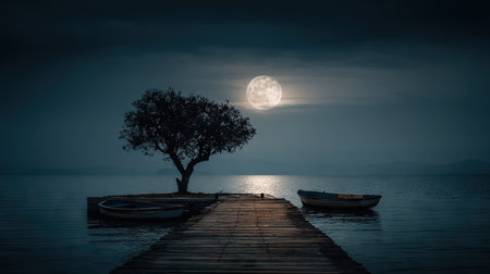 An evocative nighttime scene showcases a solitary tree on a small dock, flanked by two boats. The full moon casts a soft glow over the water, which reflects the moonlight. The composition features a dark, moody style with cool tones and minimal detail, suitable for editorial or artistic applications.の素材